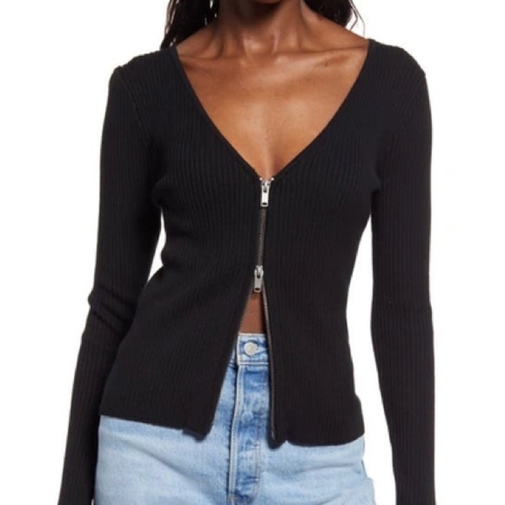 Open Edit Nordstrom Ribbed Zip Front Cardigan Sweater in Black | Size Medium NWT